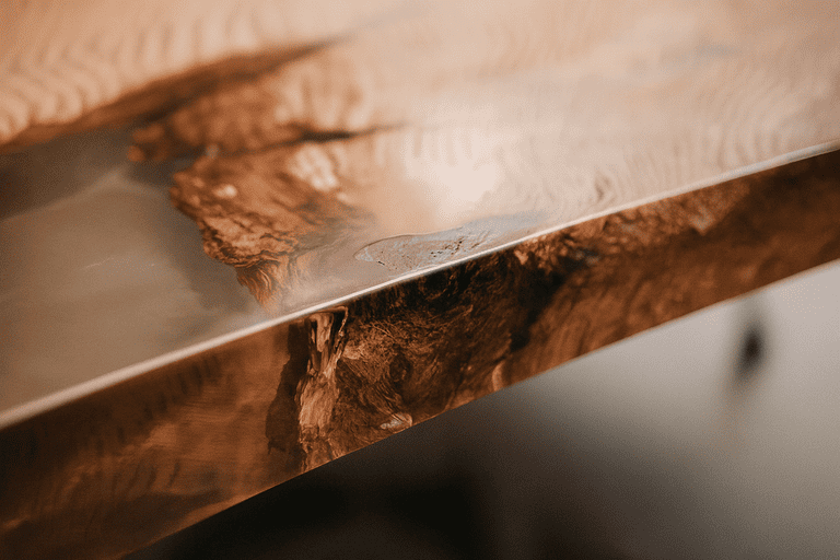 Makroaufnahme eines Epoxidharz-Tisches mit naturbelassener Holzstruktur und glasklarer Harzfüllung, die die Maserung und organische Form des Holzes betont.